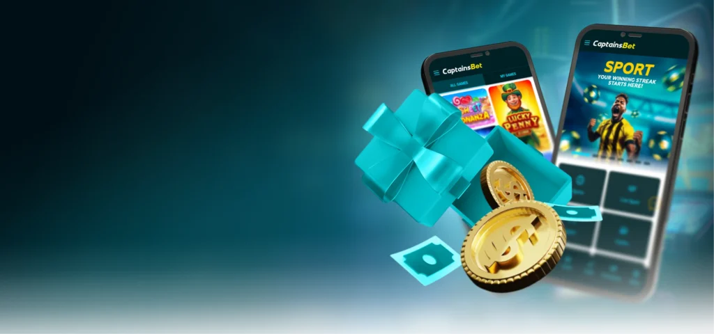 Caixas de presente e moedas ao lado de dois telemóveis com a CaptainsBet